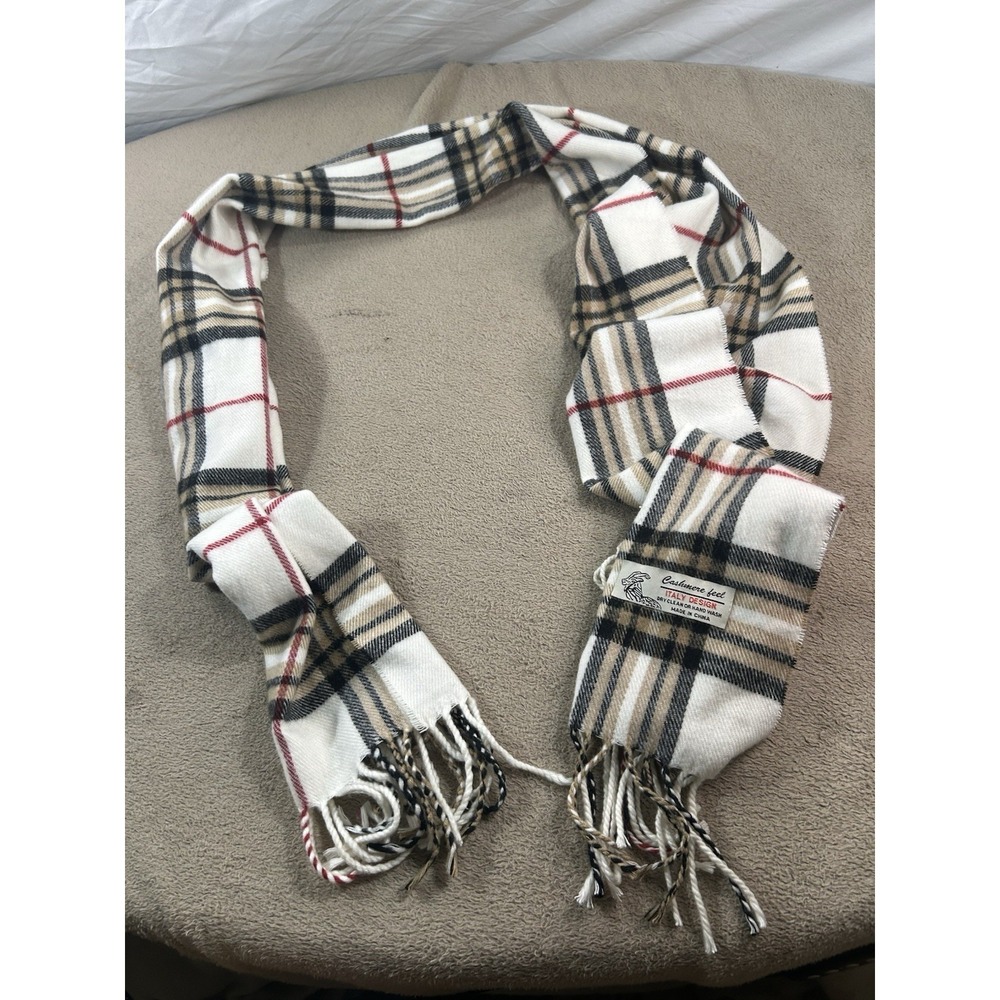 Plaid Fringe Scarf Cashmere Feel Italy Design Beige White Black Red